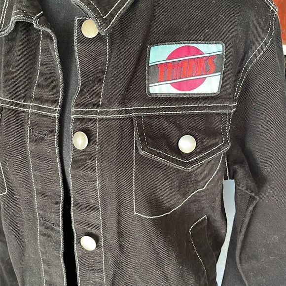 Forever 21 black denim white topstitch silver button jacket “thanks” chest patch - Picture 2 of 3